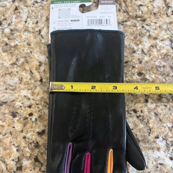 New - Isotoner Women's Black Gloves with Pink and Orange Accents - Picture 4 of 4